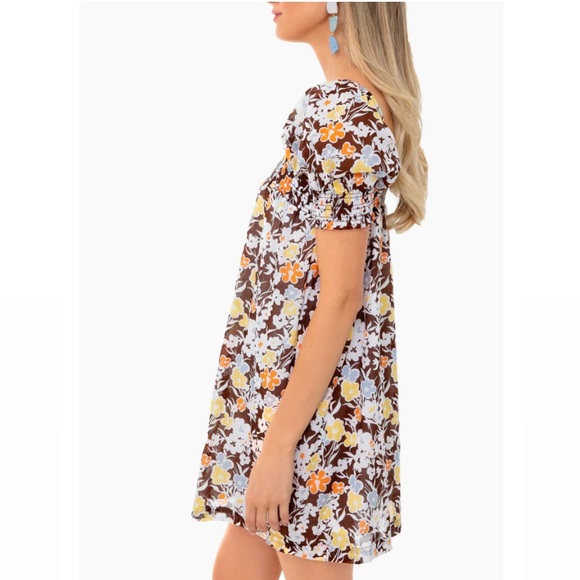Tory Burch Floral Puff Sleeve Dress - White, Yellow, Brown - Picture 2 of 11